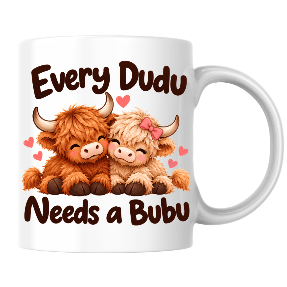 Cute Highland Cow Mug "Every Dudu Needs A Bubu" Every Dudu Needs A Bubu 325ml Ceramic Coffee Mug – Adorable Cuddling Couple Highland Cows with Pink Bow & Floating Hearts | Romantic Couple Gift | Fast Dispatch by UK Seller (M3455)