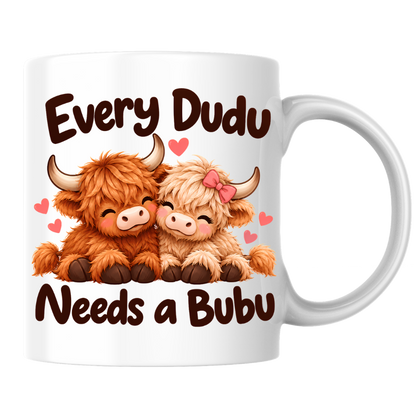 Cute Highland Cow Mug "Every Dudu Needs A Bubu" Every Dudu Needs A Bubu 325ml Ceramic Coffee Mug – Adorable Cuddling Couple Highland Cows with Pink Bow & Floating Hearts | Romantic Couple Gift | Fast Dispatch by UK Seller (M3455)