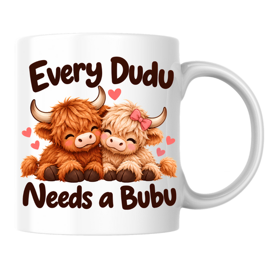 Cute Highland Cow Mug "Every Dudu Needs A Bubu" Every Dudu Needs A Bubu 325ml Ceramic Coffee Mug – Adorable Cuddling Couple Highland Cows with Pink Bow & Floating Hearts | Romantic Couple Gift | Fast Dispatch by UK Seller (M3455)