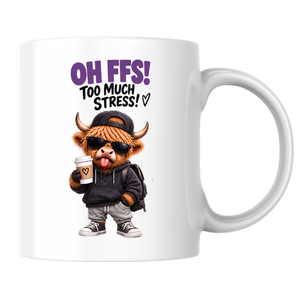 Highland Cow Stress Coffee Mug "OH FFS! Too Much Stress!" Oh Ffs! Too Much Stress! 325ml Ceramic Coffee Mug – Cute Highland Cow in Hoodie, Cap & Sunglasses with Coffee Cup | Funny Work Gift | Fast Dispatch by UK Seller (M3385)
