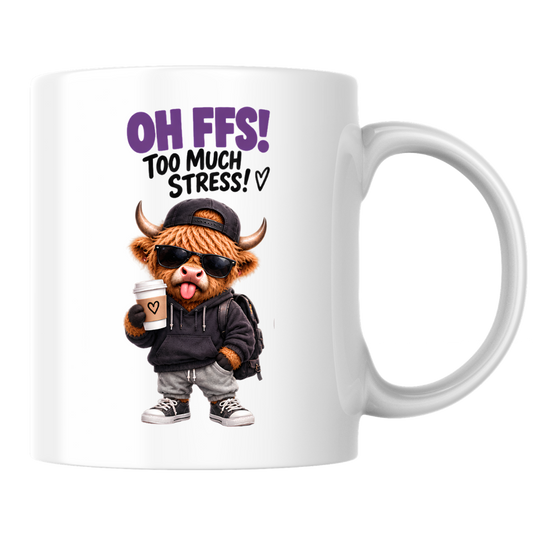 Highland Cow Stress Coffee Mug "OH FFS! Too Much Stress!" Oh Ffs! Too Much Stress! 325ml Ceramic Coffee Mug – Cute Highland Cow in Hoodie, Cap & Sunglasses with Coffee Cup | Funny Work Gift | Fast Dispatch by UK Seller (M3385)