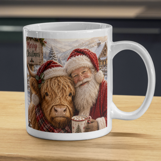 Festive Santa and Highland Cow Christmas Coffee Mug - Cozy Winter Holiday Ceramic Tea Cup with Plaid Scarf & Snow Scene Gift (M1214)