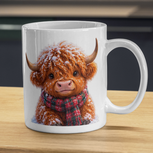 Winter Snow Highland Cow Coffee Mug - Fluffy Baby Animal in Plaid Scarf Ceramic Tea Cup for Christmas & Cozy Holiday Decor (M1215)