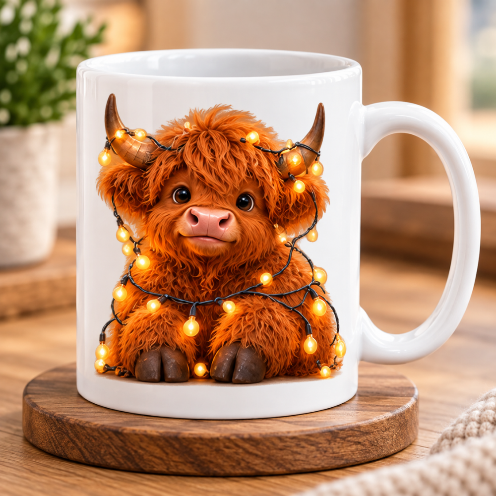 Fairy Lights Highland Cow Ceramic Coffee Mug - Glowing Warm Light Farm Animal Tea Cup for Cozy Winter Nights & Holiday Decor (M1221)