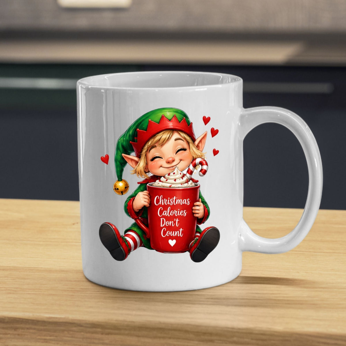 Cozy Mug "Christmas Calories Don't Count" Christmas Elf 325ml Ceramic Coffee Mug Funny Holiday Tea Cup with Whipped Cream & Candy Cane Gift | Available in Multicolours | Fast Dispatch by UK Seller (M1245)