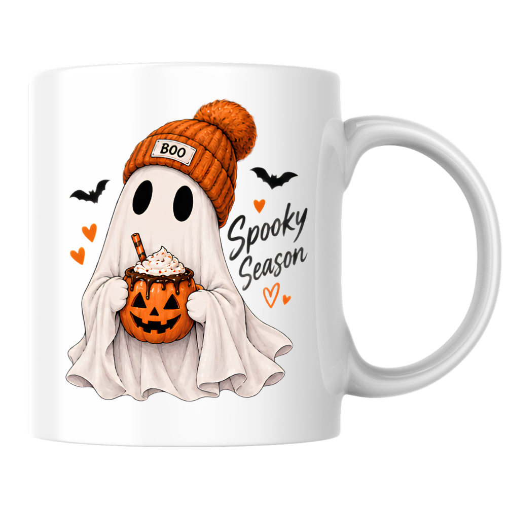 Halloween Mug "Ghost Spooky Season" Ghost Spooky Season 325ml Ceramic Coffee Mug – Cute Halloween Autumn Tea Cup with Sheet Ghost, "BOO" Orange Beanie Pumpkin Spice Coffee Mug Graphic Gift | Available in Multicolours | Fast Dispatch by UK Seller (M3222)