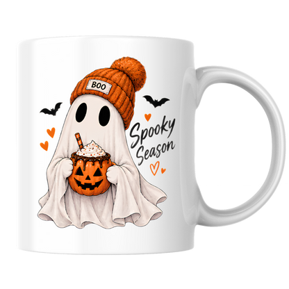 Halloween Mug "Ghost Spooky Season" Ghost Spooky Season 325ml Ceramic Coffee Mug – Cute Halloween Autumn Tea Cup with Sheet Ghost, "BOO" Orange Beanie Pumpkin Spice Coffee Mug Graphic Gift | Available in Multicolours | Fast Dispatch by UK Seller (M3222)