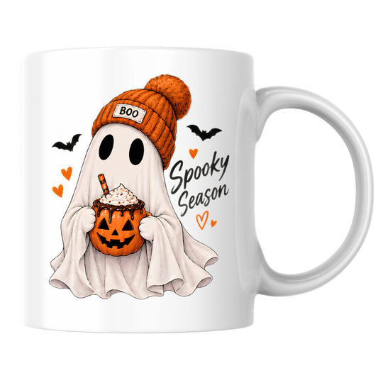 Halloween Mug "Ghost Spooky Season" Ghost Spooky Season 325ml Ceramic Coffee Mug – Cute Halloween Autumn Tea Cup with Sheet Ghost, "BOO" Orange Beanie Pumpkin Spice Coffee Mug Graphic Gift | Available in Multicolours | Fast Dispatch by UK Seller (M3222)