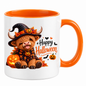 Halloween Mug "Highland Cow Witch Happy Halloween" Highland Cow Witch Happy Halloween 325ml Ceramic Coffee Mug–Cute Halloween Autumn Tea Cup Witch Hat Scarf Glowing Jack O Lanterns Fall Leaves Bats Graphic Gift | Fast Dispatch by UK Seller (M3216)