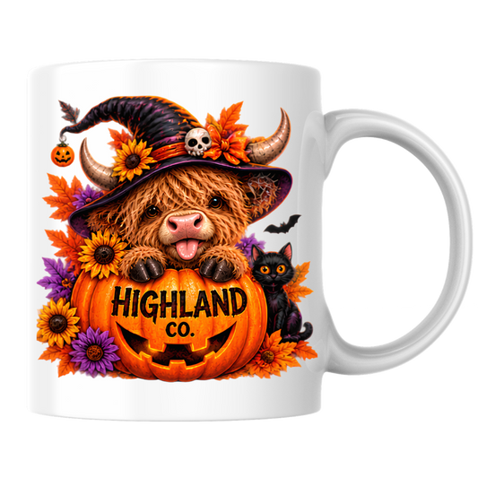 Halloween Mug "Witch Hat Pumpkin Highland Co." Witch Hat Highland Cow 325ml Ceramic Coffee Mug – Cute Halloween Pumpkin Tea Cup with Black Cat Floral Graphic Gift | Available in Multicolours | Fast Dispatch by UK Seller (M3176)