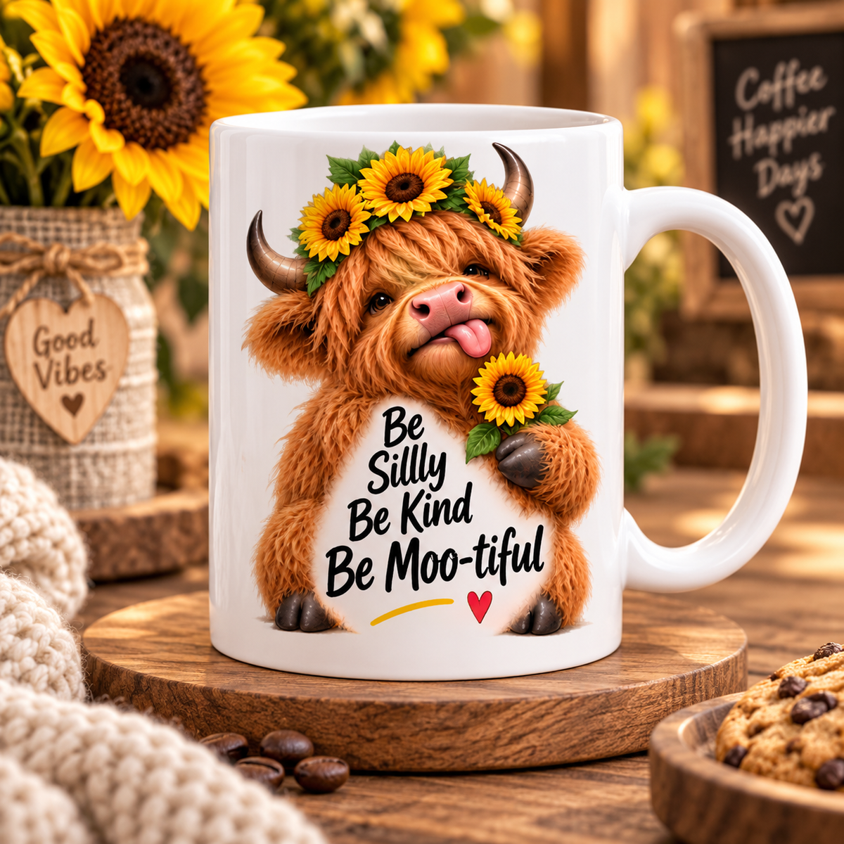 Uplifting Mug "Be Silly Be Kind Be Moo-tiful" Highland Cow Ceramic Coffee Mug - Cute Sunflower Farm Animal Tea Cup with Floral Crown Gift | Available in Multicolours | Fast Dispatch by UK Seller (M1224)
