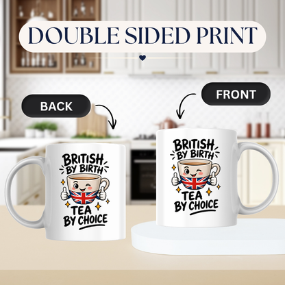 British Tea Mug "BRITISH BY BIRTH TEA BY CHOICE" Funny Tea Cup 325ml Ceramic Coffee Mug Witty Union Jack Tea Cup with Cartoon Character Gift | Available in Multicolours | Fast Dispatch by UK Seller (M3001)
