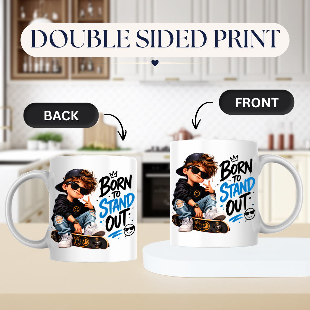 Skater Mug "Born To Stand Out" 325ml Ceramic Coffee Tea Cup – Cool Boy Graphic, Sunglasses, Skateboard & Slogan Novelty Gift for Teens, Bestie, Birthday – Fast Dispatch by UK Seller (M3498)