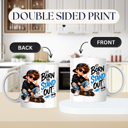 Skater Mug "Born To Stand Out" 325ml Ceramic Coffee Tea Cup – Cool Boy Graphic, Sunglasses, Skateboard & Slogan Novelty Gift for Teens, Bestie, Birthday – Fast Dispatch by UK Seller (M3498)