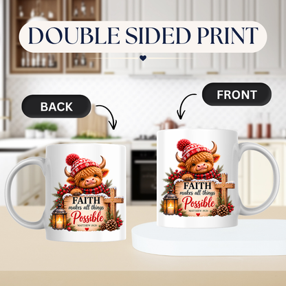 Christmas Mug "Faith Makes All Things Possible Matthew 19:26" Faith Makes All Things Possible 325ml Ceramic Coffee Mug – Festive Highland Cow Mug With Wooden Cross Lantern Holiday Gift | Available in Multicolours | Fast Dispatch by UK Seller (M3318)