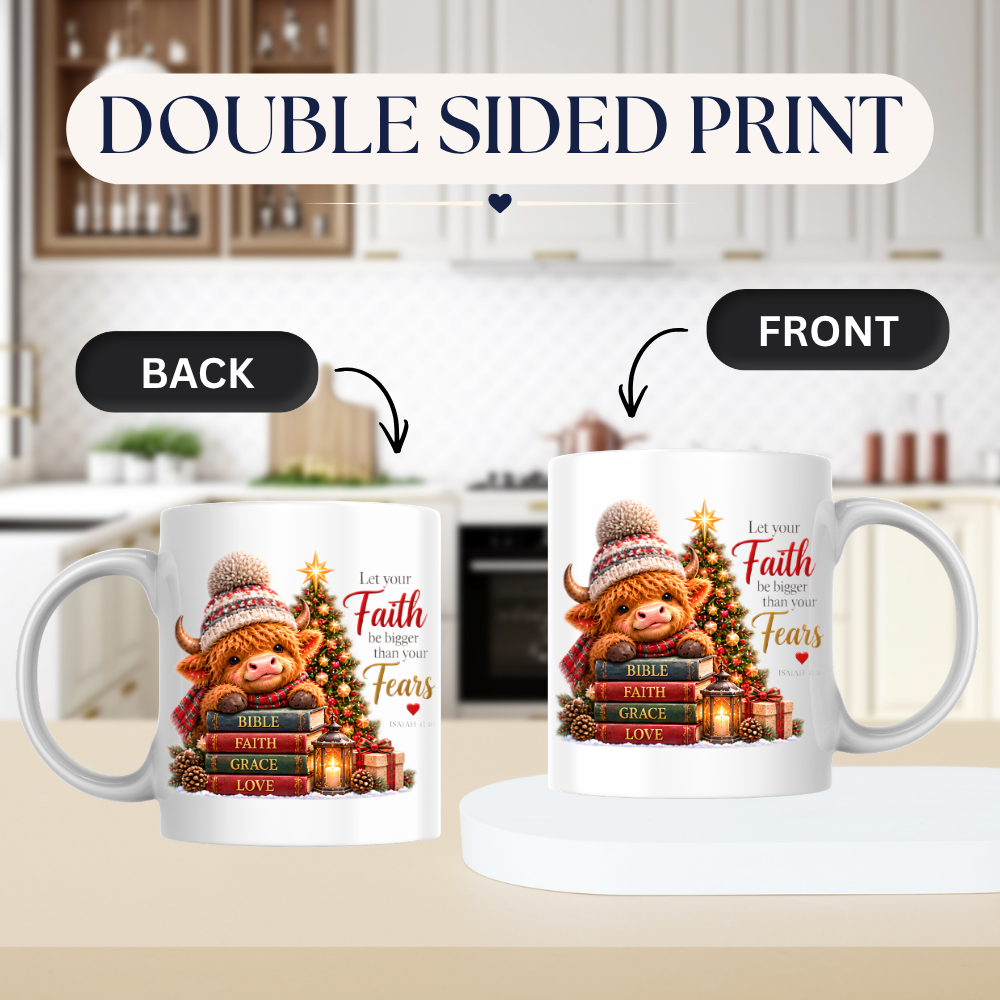 Christmas Mug "Let Your Faith Be Bigger Than Your Fears Highland Cow" 325ml Ceramic Coffee Mug – Highland Cow Mug With Books Christmas Tree Lantern Christian Holiday Gift | Available in Multicolours | Fast Dispatch by UK Seller (M3306)