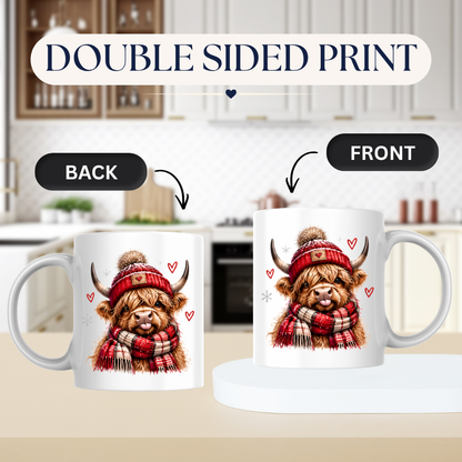 Highland Cow Winter Scarf Mug "Cozy Winter Highland Cow" Cozy Winter Highland Cow 325ml Ceramic Coffee Mug – Cute Highland Cow in Red Pom-Pom Beanie & Matching Tartan Scarf with Snowflakes & Hearts | Winter Gift | Fast Dispatch by UK Seller (M3396)