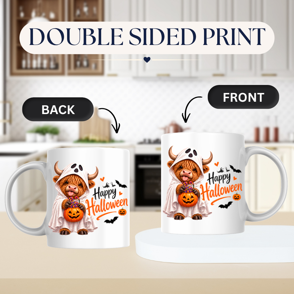 Halloween Mug "Ghost Costume Highland Cow" Ghost Costume Highland Cow 325ml Ceramic Coffee Mug – Cute Trick-or-Treat Tea Cup with Sheet Costume Pumpkin Bucket Graphic Gift | Available in Multicolours | Fast Dispatch by UK Seller (M3165)