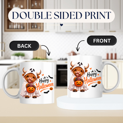 Halloween Mug "Ghost Costume Highland Cow" Ghost Costume Highland Cow 325ml Ceramic Coffee Mug – Cute Trick-or-Treat Tea Cup with Sheet Costume Pumpkin Bucket Graphic Gift | Available in Multicolours | Fast Dispatch by UK Seller (M3165)