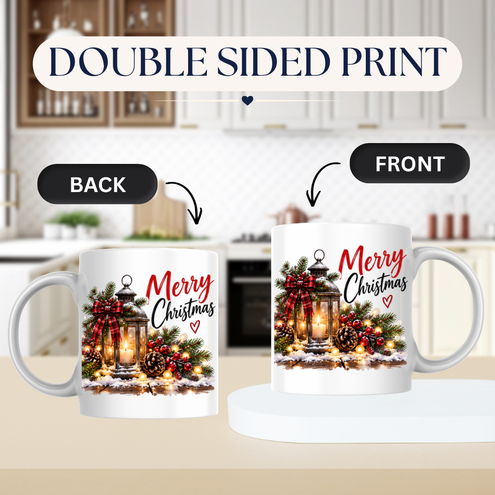 Festive Christmas Lantern Mug "Merry Christmas" Merry Christmas 325ml Ceramic Coffee Mug – Vintage Candle Lantern with Plaid Bow, Pine, Pinecones & Fairy Lights | Holiday Gift | Fast Dispatch by UK Seller (M3404)