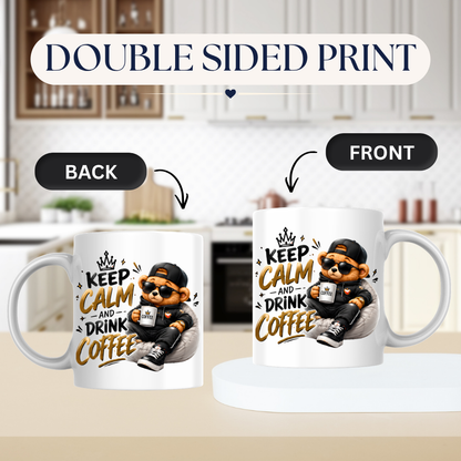 Teddy Bear Mug "Keep Calm And Drink Coffee" 325ml Ceramic Coffee Tea Cup – Cool Bear Graphic, Sunglasses, Hoodie & Slogan Novelty Gift for Coffee Lovers, Birthday – Fast Dispatch by UK Seller (M3504)