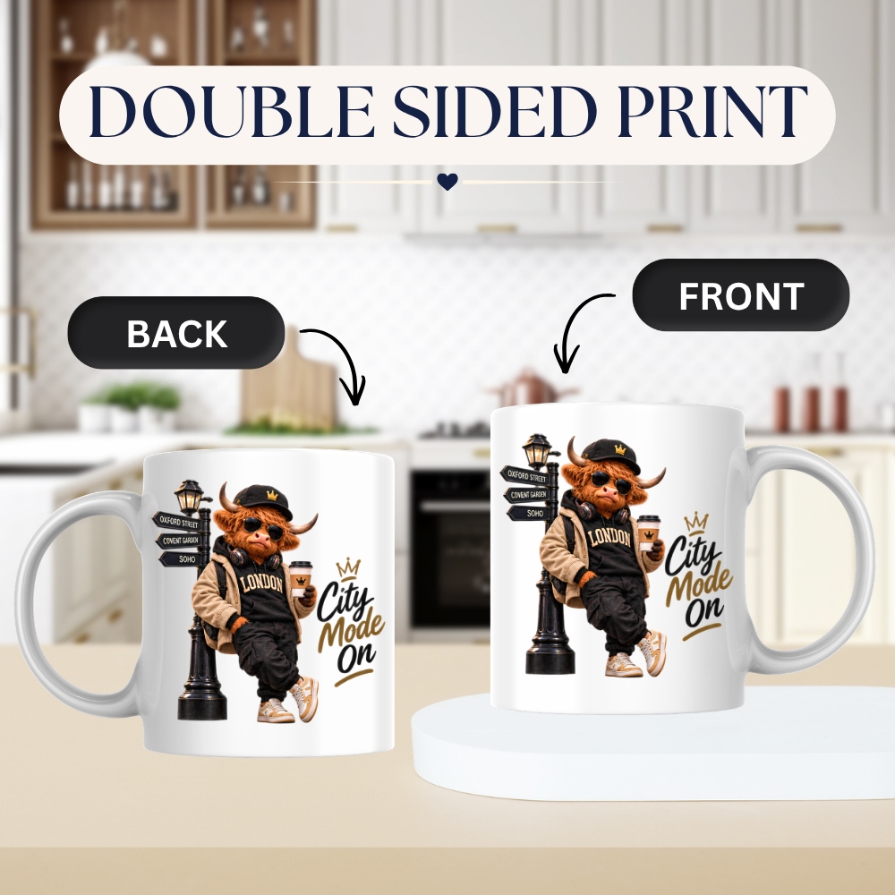 London Mug "City Mode On Cool Highland Cow" City Mode On 325ml Ceramic Coffee Mug – Cool Highland Cow in Cap, Sunglasses & Jacket Leaning on London Street Sign City Gift | Available in Multicolours | Fast Dispatch by UK Seller (M3284)