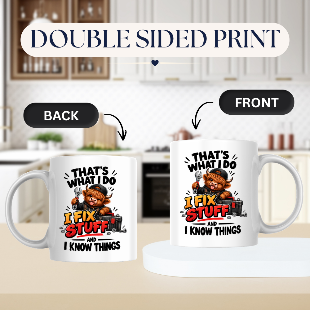 Mechanic Highland Cow Mug "That's What I Do I Fix Stuff" That's What I Do I Fix Stuff And I Know Things 325ml Ceramic Coffee Mug – Cute Handy Highland Cow with Wrench & Toolbox | Funny DIY Handyman Gift | Fast Dispatch by UK Seller (M3456)