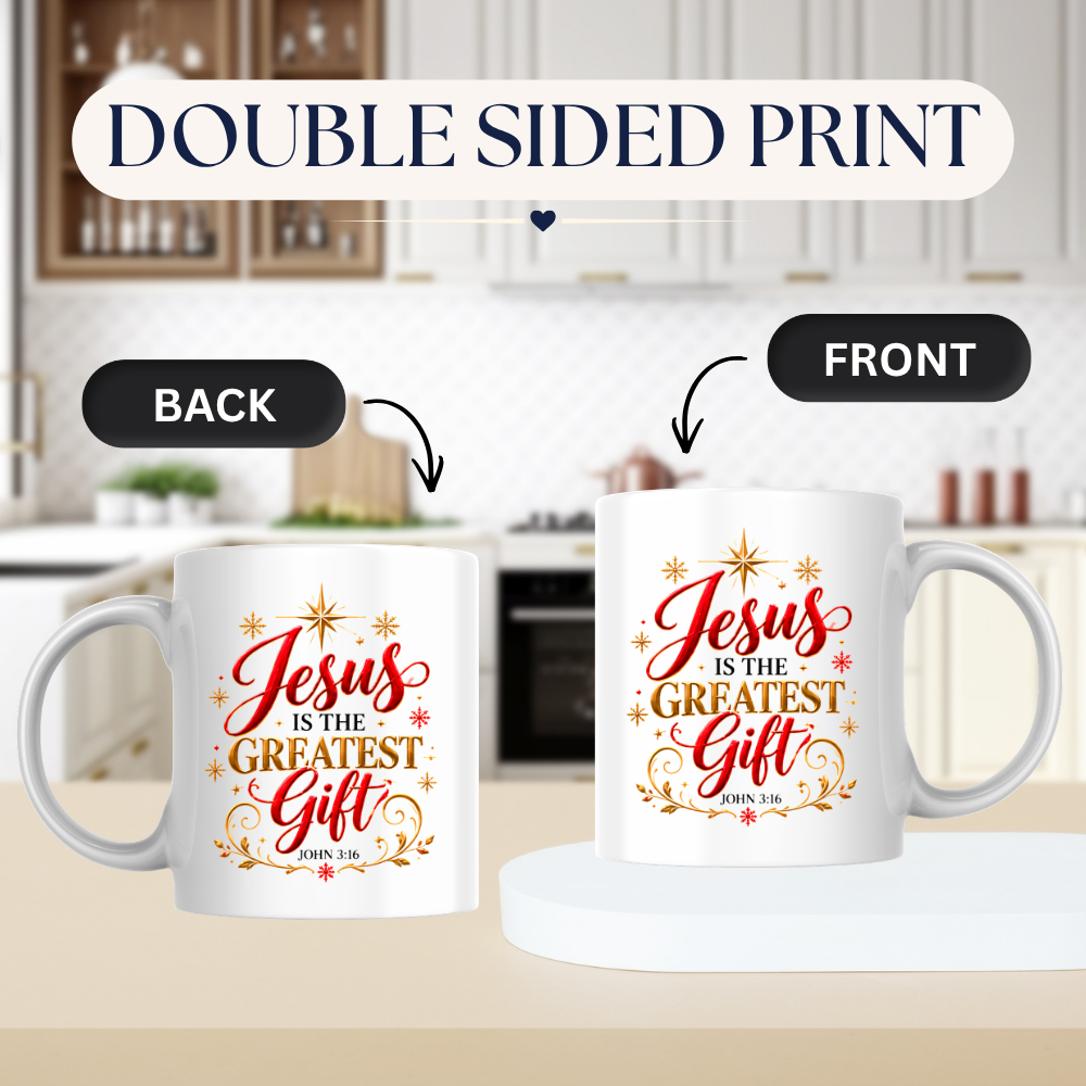 Christmas Mug "Jesus Is The Greatest Gift John 3 16" 325ml Ceramic Coffee Mug – Christian Christmas Bible Verse Mug With Gold Star Snowflakes Religious Holiday Gift | Available in Multicolours | Fast Dispatch by UK Seller (M3292)