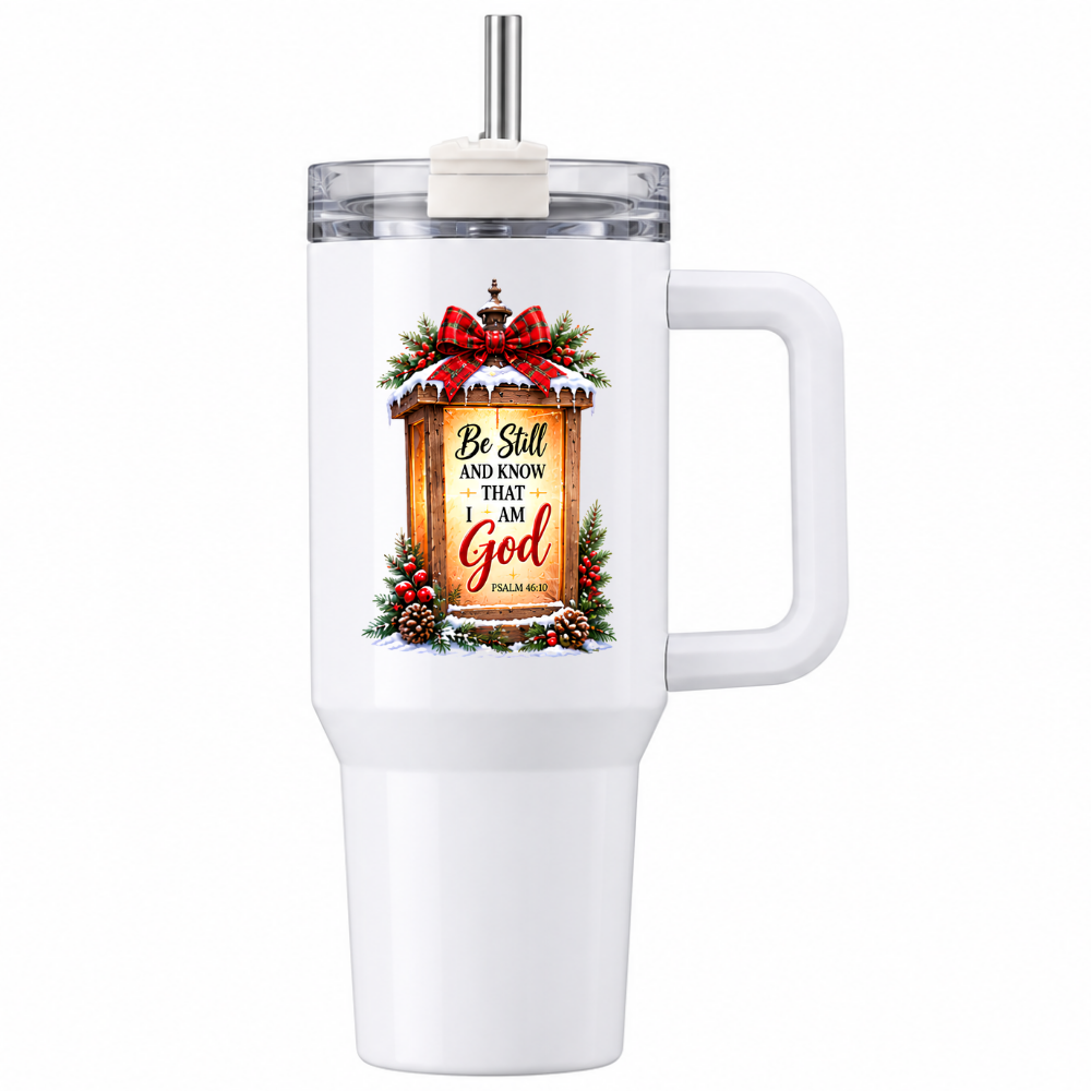 Inspirational Religious Travel Tumbler "Be Still And Know That I Am God" Graphic 40oz Stainless Steel Insulated Travel Mug with Handle & Straw “ Rustic Lantern with Tartan Bow, Pinecones & Holly Berries Novelty Cup | Fast Dispatch by UK Seller (T3010)
