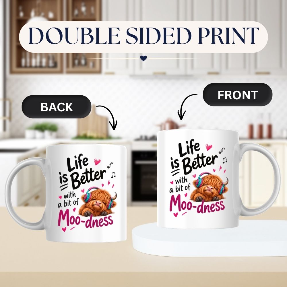 Inspiring Mug "Life is Better with a bit of Moo-dness" Highland Cow 325ml Ceramic Coffee Mug Cute Animal Tea Cup with Headphones, Music Notes & Hearts Gift | Available in Multicolours | Fast Dispatch by UK Seller (M1290)