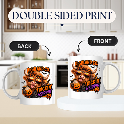 Halloween Mug "Trickin' & Sippin' Highland Co." Trickin' and Sippin' Highland Cow 325ml Ceramic Coffee Mug – Cool Rocker Halloween Tea Cup With Bandana Aviators Graphic Gift | Available in Multicolours | Fast Dispatch by UK Seller (M3177)