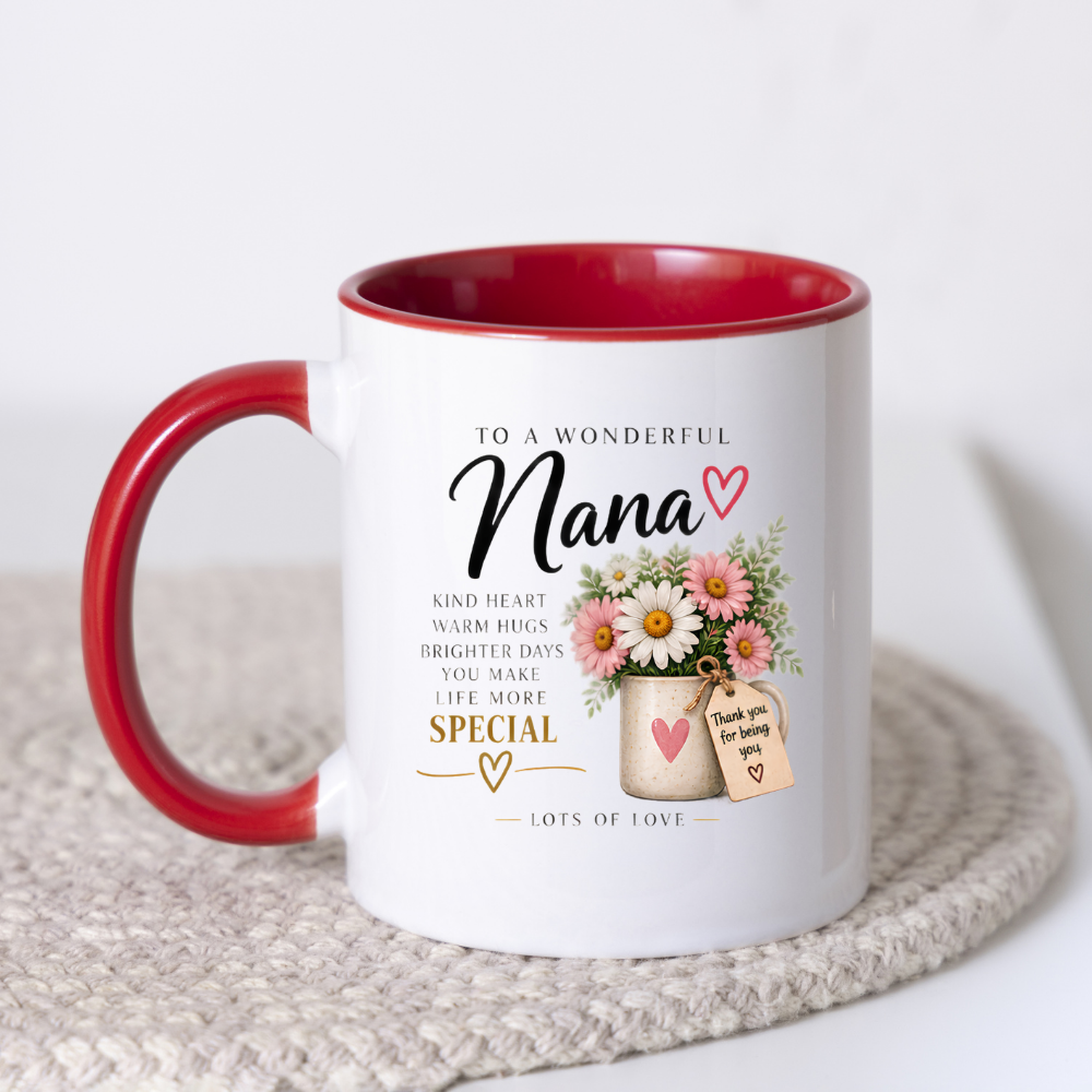 Family Mug "TO A WONDERFUL Nana KIND HEART WARM HUGS" Floral 325ml Ceramic Coffee Mug Sweet Grandma Tea Cup with Pink & White Daisies Flower Pot Graphic Gift | Available in Multicolours | Fast Dispatch by UK Seller (M3013)