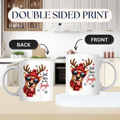 Fun Mug "Just Here for the Jingle" Reindeer 325ml Ceramic Coffee Mug Cool Winter Holiday Tea Cup with Sunglasses, Red Beanie & Scarf Gift | Available in Multicolours | Fast Dispatch by UK Seller (M1260)