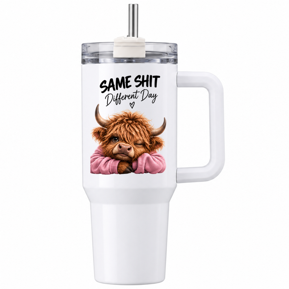 Funny Sassy Highland Cow Travel Tumbler "Same Shit Different Day" Graphic 40oz Stainless Steel Insulated Travel Mug with Handle & Straw – Moody Cow in Pink Jumper Novelty Travel Cup | Fast Dispatch by UK Seller (T3029)