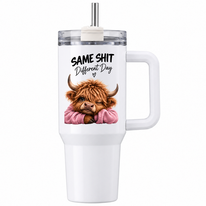 Funny Sassy Highland Cow Travel Tumbler "Same Shit Different Day" Graphic 40oz Stainless Steel Insulated Travel Mug with Handle & Straw – Moody Cow in Pink Jumper Novelty Travel Cup | Fast Dispatch by UK Seller (T3029)