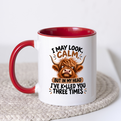Funny Mug "I May Look Calm" Highland Cow Ceramic Coffee Mug Sarcastic Work & Office Novelty Cup 350ml | Fast Dispatch by UK Seller (M1059)