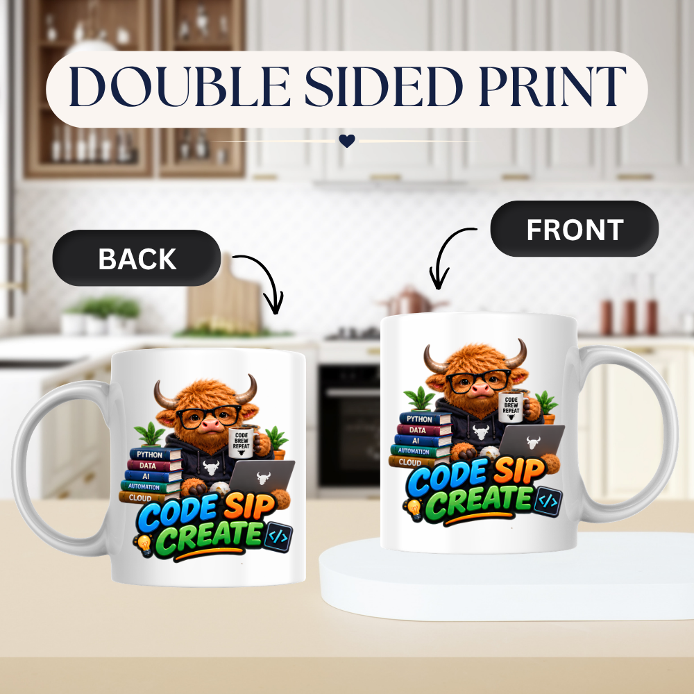 Coding Mug "Code Sip Create Highland Cow" 325ml Ceramic Coffee Mug – Cute Highland Cow Developer with Glasses Books Laptop Code Brew Repeat Cup Tech Gift For Programmers Coders | Available in Multicolours | Fast Dispatch by UK Seller (M3229)