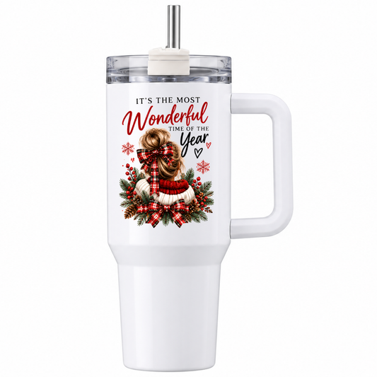 Festive Christmas Travel Tumbler "It's the Most Wonderful Time of the Year" Graphic 40oz Stainless Steel Insulated Travel Mug with Handle & Straw – Cozy Woman Bun, Red Ribbon, Jumper & Pine Wreath Novelty Travel Cup | Fast Dispatch by UK Seller (T3037)