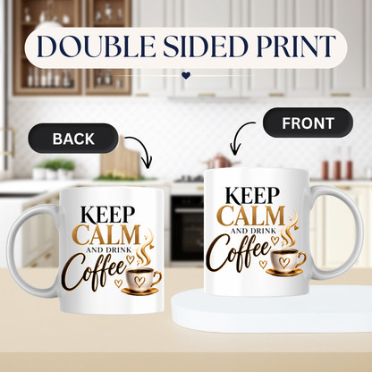 Coffee Mug "Keep Calm And Drink Coffee" 325ml Ceramic Tea Cup – Gold & Brown Typography, Cute Coffee Cup Graphic & Heart Slogan Novelty Gift for Coffee Lovers, Bestie, Colleagues – Fast Dispatch by UK Seller (M3491)