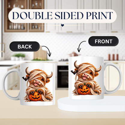 Halloween Mug "Mummy Highland Cow" Mummy Highland Cow 325ml Ceramic Coffee Mug Cute Spooky Halloween Tea Cup with Bandages and Pumpkin Graphic Gift | Available in Multicolours | Fast Dispatch by UK Seller (M3161)