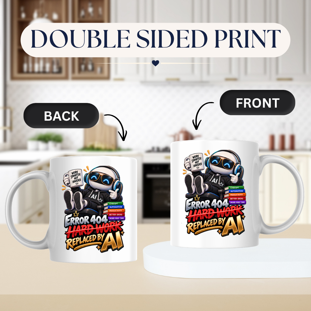 Tech Mug "Error 404 Hard Work Replaced By AI" Error 404 Hard Work Replaced By AI 325ml Ceramic Coffee Mug – Funny Robot IT Developer Mug with Work Smarter Not Harder & ChatGPT Books | Tech Gift | Fast Dispatch by UK Seller (M3324)