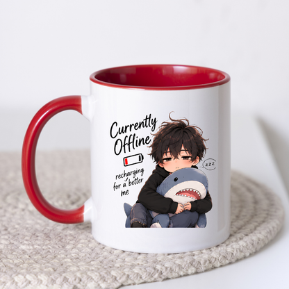 Funny Anime Mug "Currently Offline recharging for a better me" Sleepy Boy & Plush Shark 325ml Ceramic Coffee Mug Introvert Relatable Tea Cup with Low Battery & Plushie Graphic Gift | Available in Multicolours | Fast Dispatch by UK Seller (M3025)