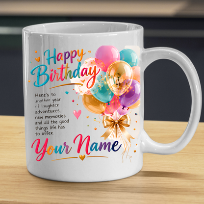 Personalised Birthday Mug "Happy Birthday" 325ml Ceramic Coffee Tea Cup – Colorful Balloons, Confetti, Custom Name & Laughter Wish Slogan Novelty Gift for Bestie, Friends, Birthday – Fast Dispatch by UK Seller (M3511)
