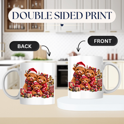 Christmas Highland Cow Family Mug "Family Makes Christmas Special" Christmas Highland Cow Family 325ml Ceramic Coffee Mug – Cute Highland Cow Family with Wooden Sign, Santa Hat, Scarves & Gifts | Festive Holiday Gift | Fast Dispatch by UK Seller (M3376)