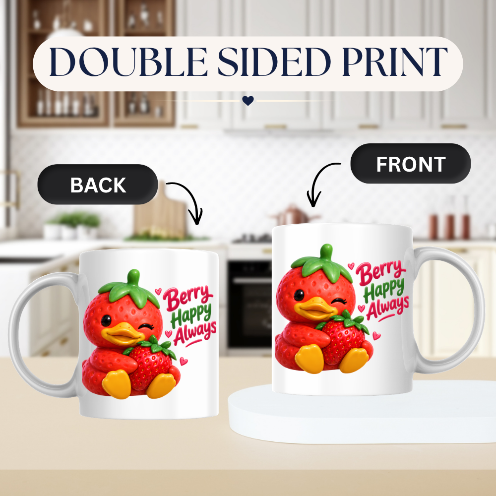 Inspirational Mug "Berry Happy Always Strawberry Duck" Berry Happy Always 325ml Ceramic Coffee Mug – Cute Winking Strawberry Duck Hugging A Strawberry Heartwarming Gift For Friends Family | Available in Multicolours | Fast Dispatch by UK Seller (M3247)