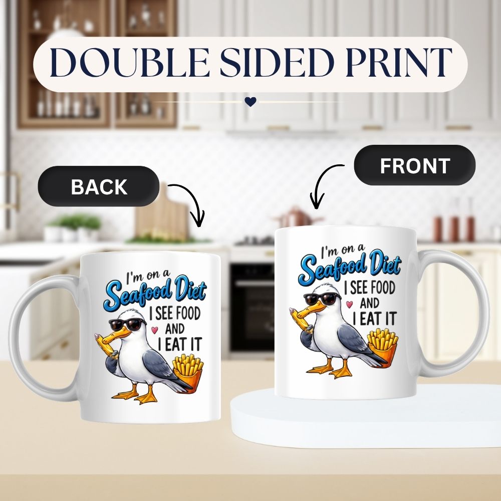 Humorous Mug "I'm On A Seafood Diet I See Food And I Eat It" Funny Seagull 325ml Ceramic Coffee Mug Sassy Beach Bird Tea Cup with Sunglasses, Chips & Ice Lolly Graphic Gift | Available in Multicolours | Fast Dispatch by UK Seller (M1311)
