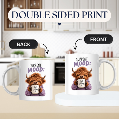 Cozy Highland Cow Mug "Current Mood: Just Chilling" Graphic 325ml Ceramic Coffee Cup Peaceful Highland Cow in Purple Hoodie Novelty Tea Cup | Relaxing Morning Gift for Her & Friends | Available in Multicolours | Fast Dispatch by UK Seller (M3135)