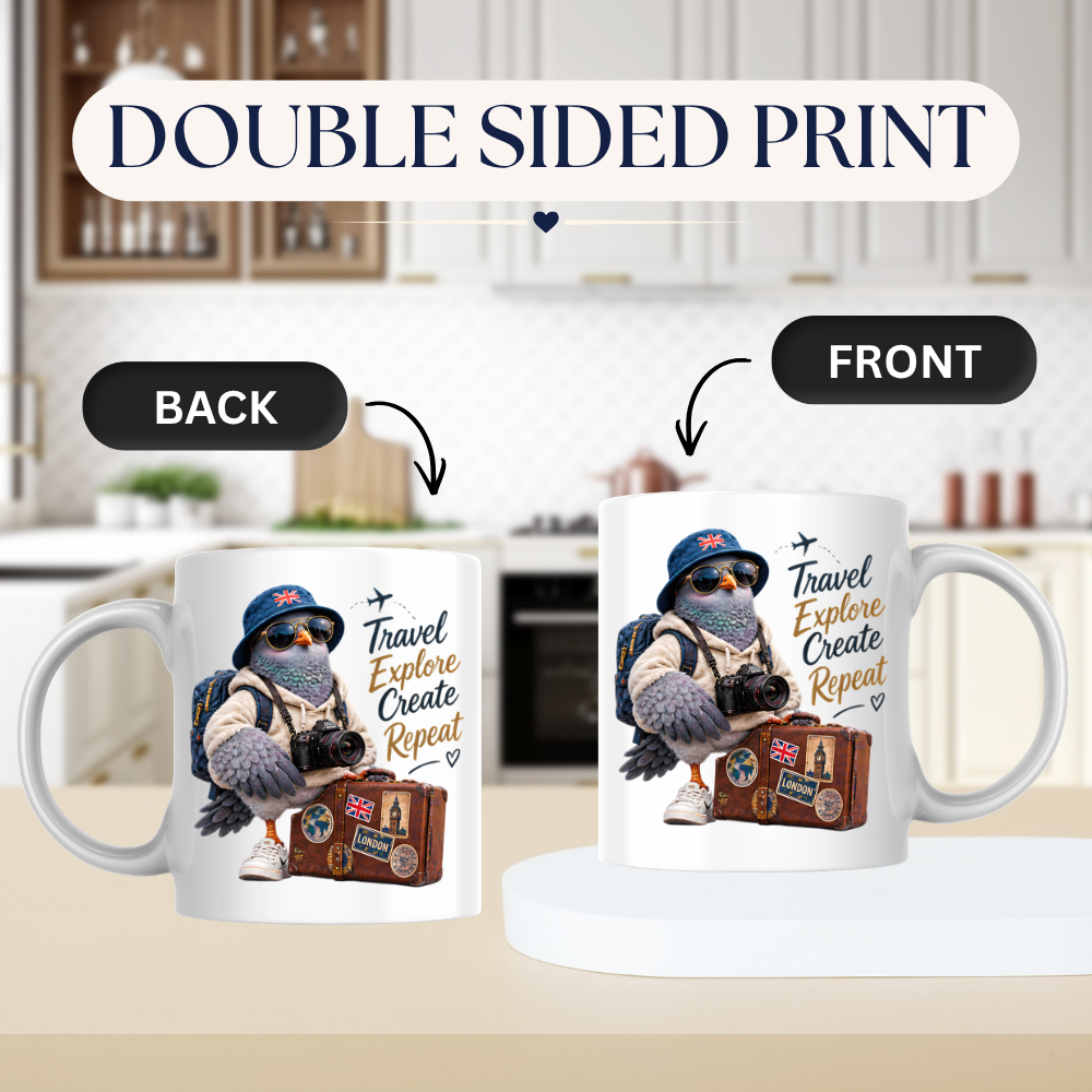 Travel Mug "Travel Explore Create Repeat Cool Pigeon" 325ml Ceramic Coffee Mug – Cool Traveller Pigeon Camera Bucket Hat Union Jack Suitcase Sneakers Gift For Tourists Photographers | Available in Multicolours | Fast Dispatch by UK Seller (M3235)
