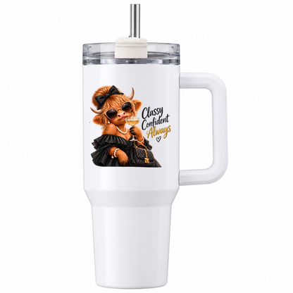 Sassy Highland Cow Travel Tumbler "Classy Confident Always" Graphic 40oz Stainless Steel Insulated Travel Mug with Handle & Straw – Fashion Cow in Black Dress, Pearl Necklace, Sunglasses & Drink Novelty Travel Cup | Fast Dispatch by UK Seller (T3023)