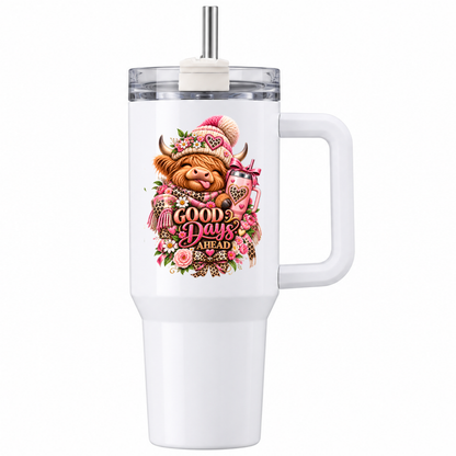 Cute Highland Cow Travel Tumbler "Good Days Ahead" Graphic 40oz Stainless Steel Insulated Travel Mug with Handle & Straw â€“ Winter Calf in Pink Bobble Hat, Leopard Scarf & Pink Travel Mug Novelty Travel Cup | Fast Dispatch by UK Seller (T3004)